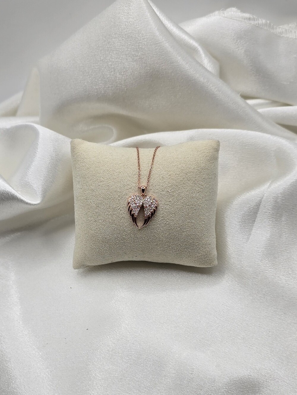 Rose Gold Over Sterling Silver 925 Moissanite Angel Wing Heart Necklace